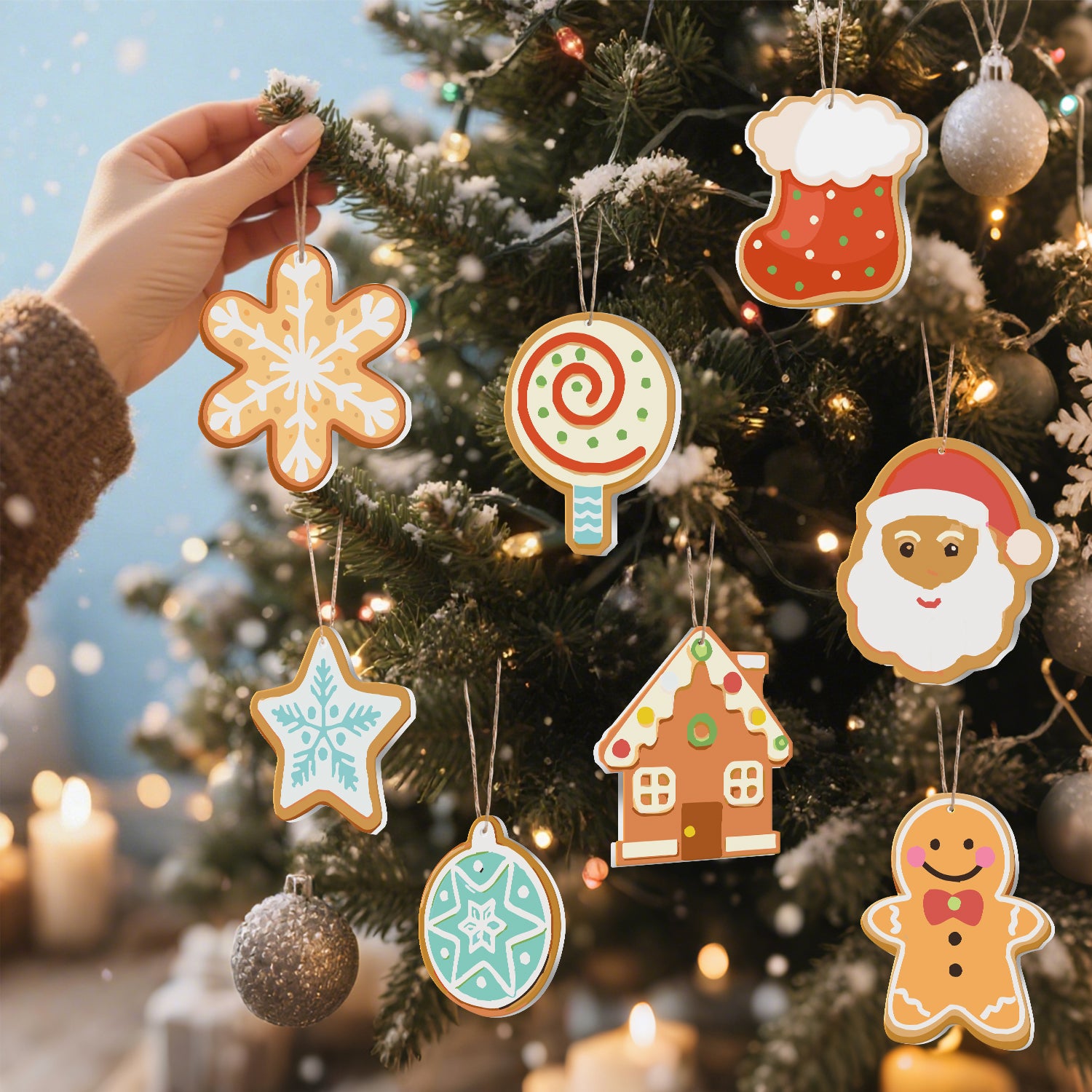 Decorative Christmas ornaments shaped like gingerbread men, houses, and other festive designs on a Christmas tree.