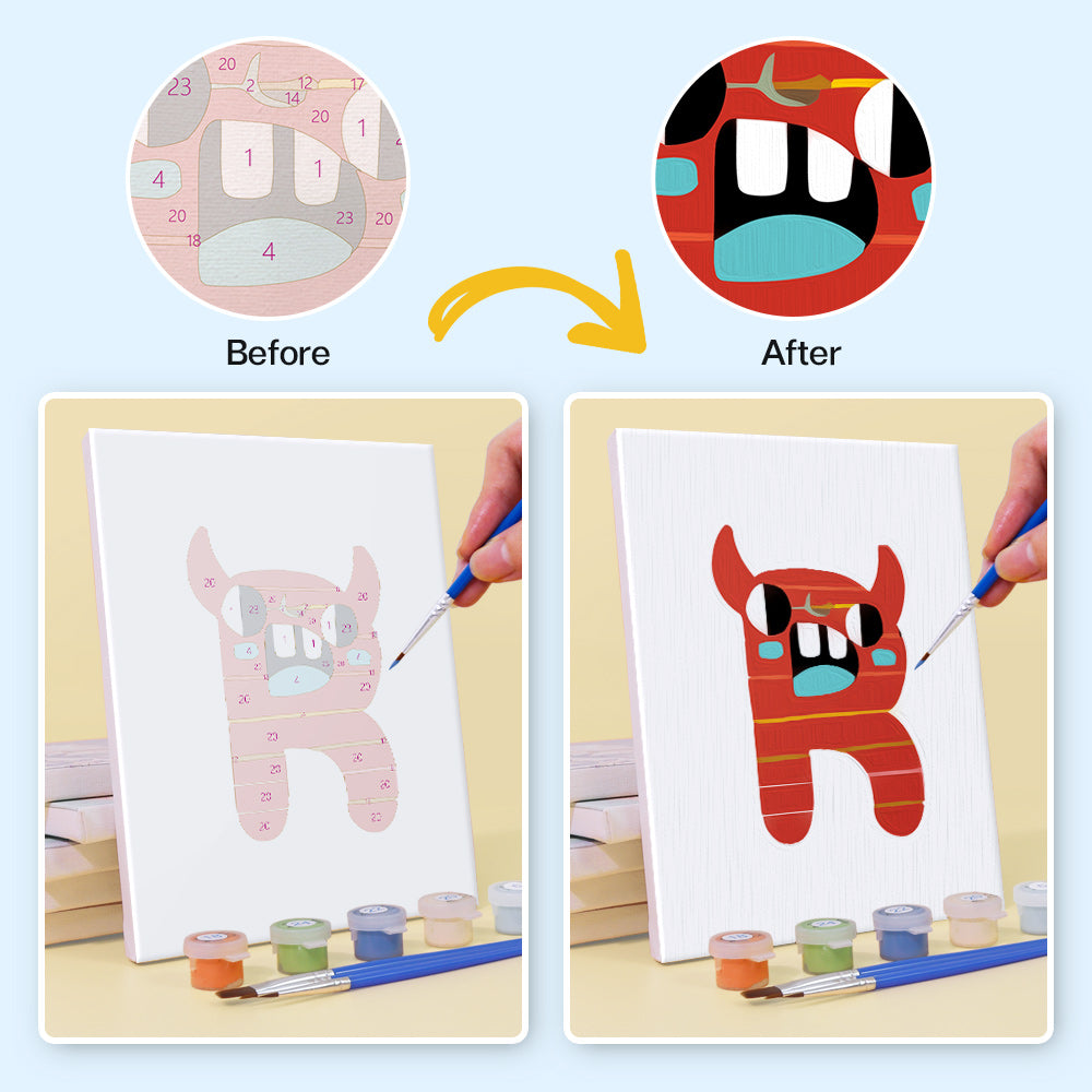 Before and after comparison of a child's drawing of a cartoon character being colored with paint.