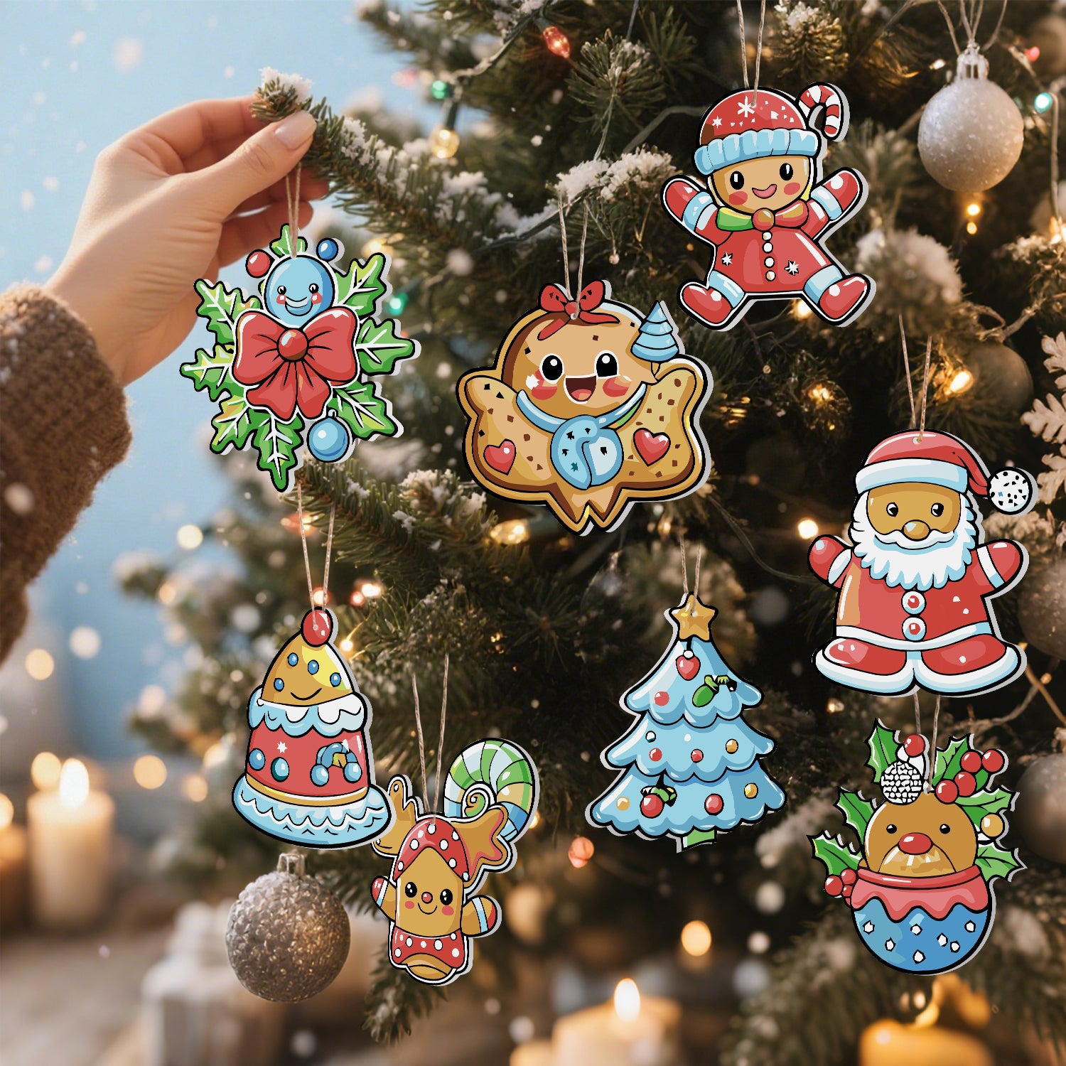 Coloridos adornos navideños en un árbol decorado con una mano sosteniendo un adorno.