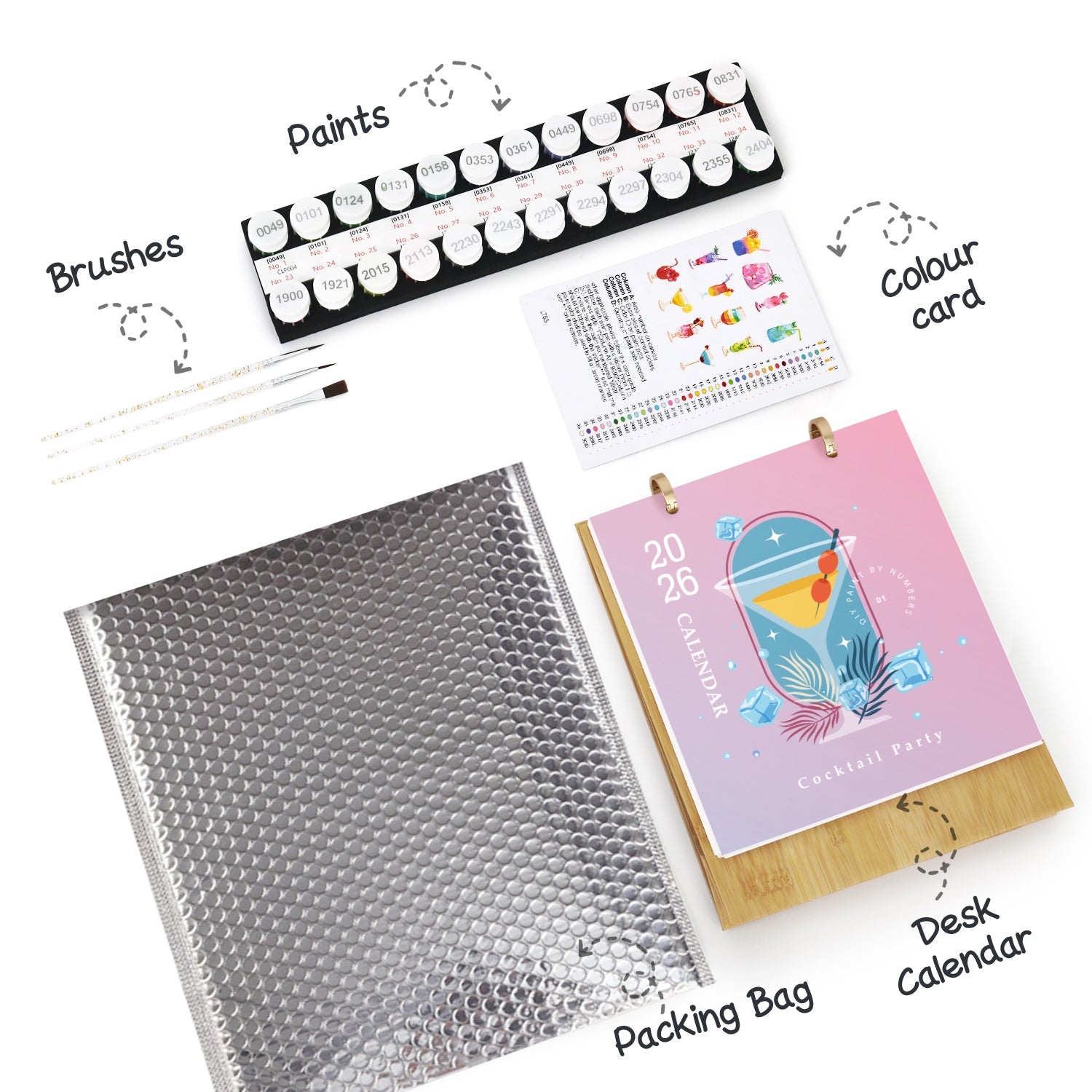 Painting set with paints, brushes, a color card, and a desk calendar on a white background.