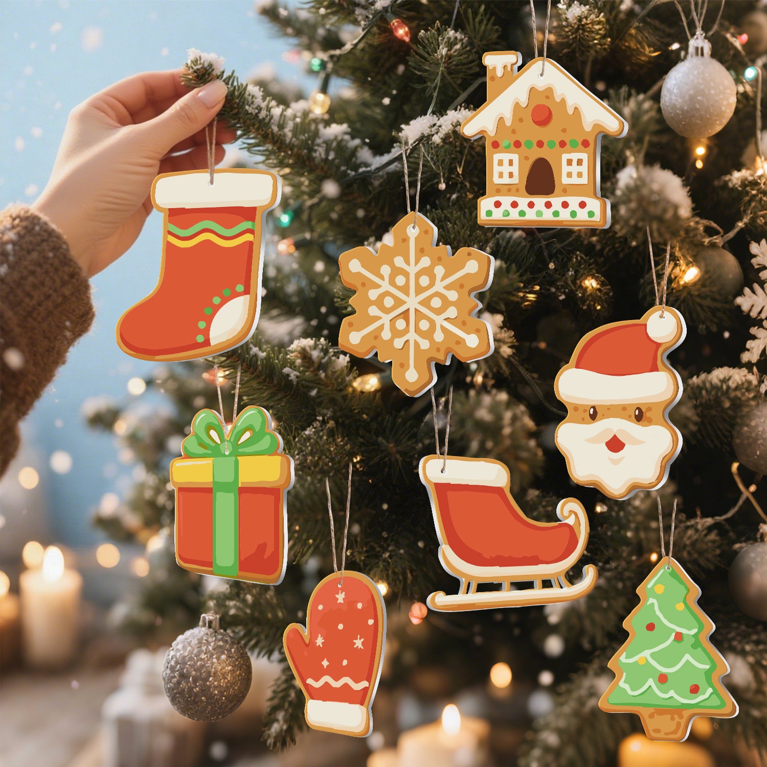 Decorative Christmas ornaments shaped like gingerbread cookies on a Christmas tree.