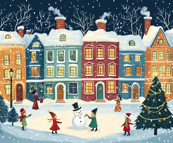 A paint by numbers kit depicting a winter village scene with colorful houses, people, and a snowman in a town square covered in snow.