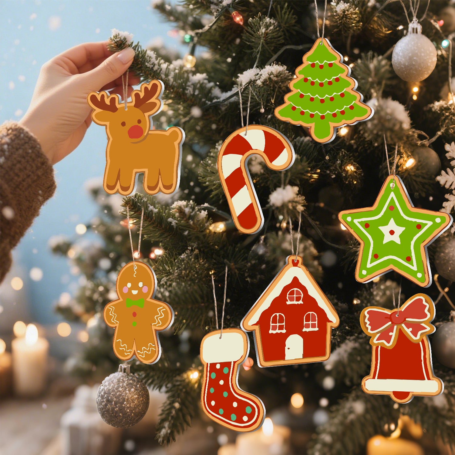 Hand hält ein Rentierornament mit einem geschmückten Weihnachtsbaum im Hintergrund