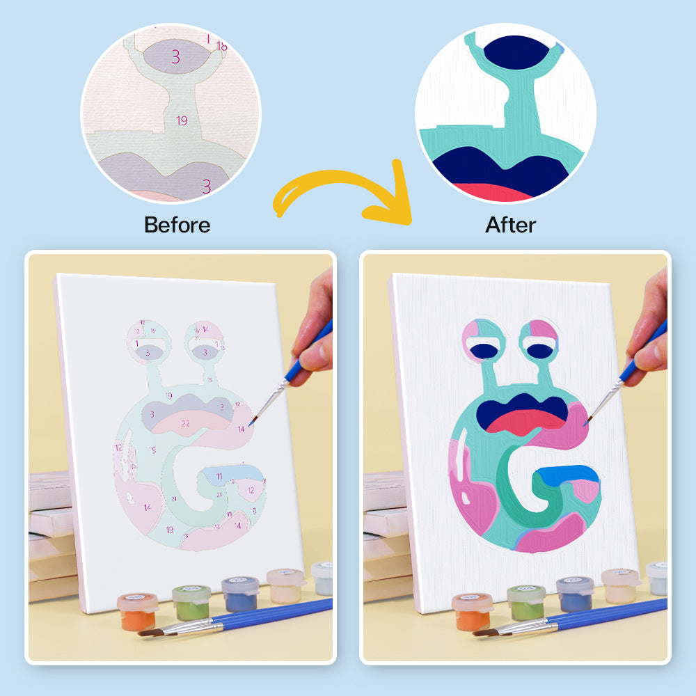 Avant et après transformation d'une peinture sur papier au design coloré.