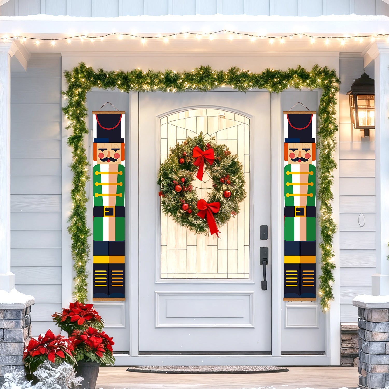 Decorative Christmas door with wreath, nutcrackers, and garland on a house exterior.