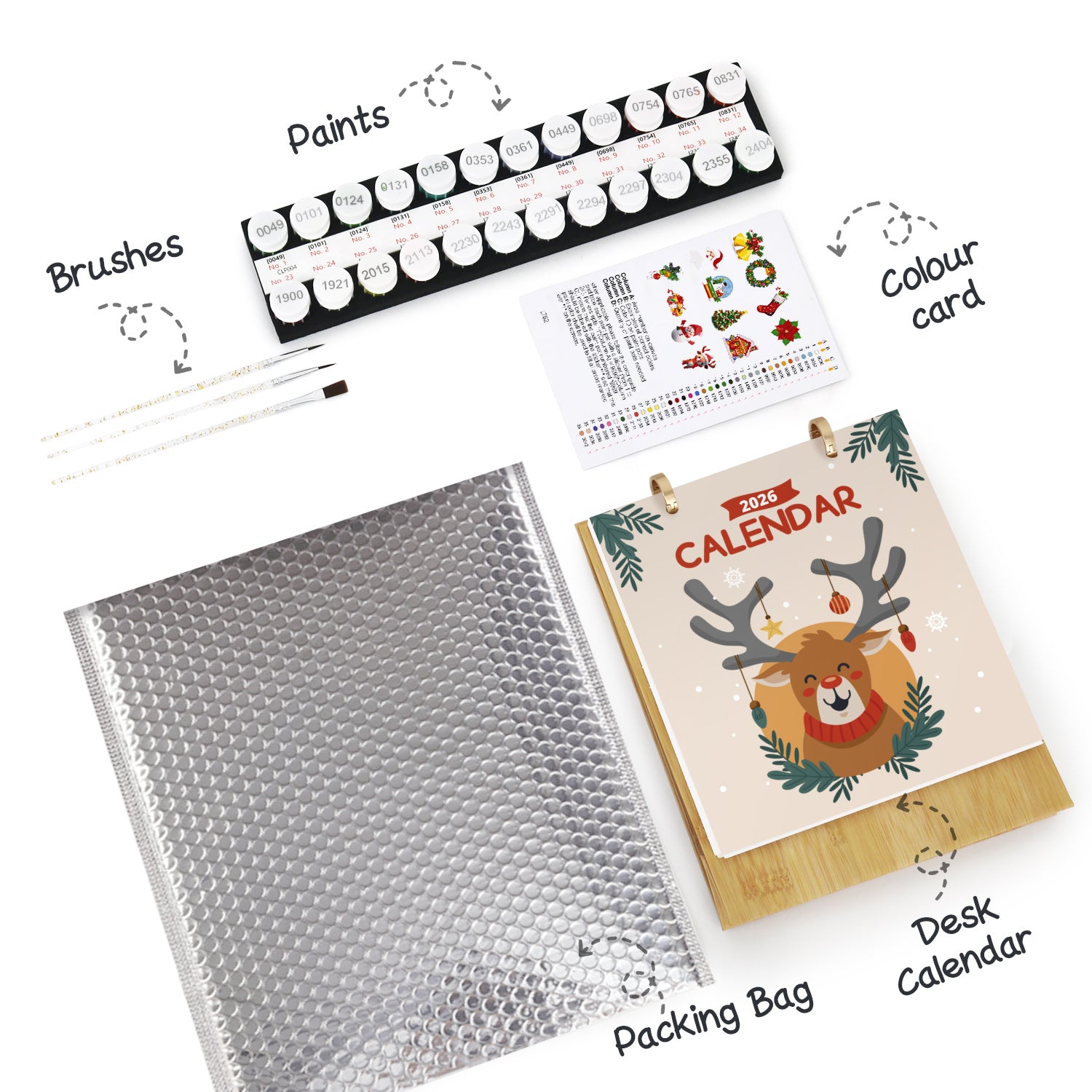 Packaging contents including a calendar, paints, brushes, and a packing bag on a white background.