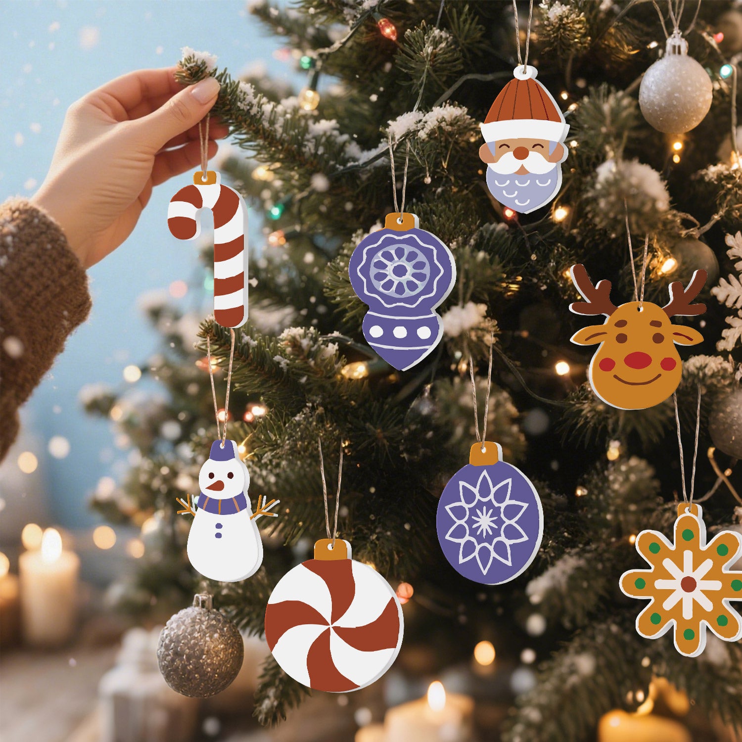 Hand holding a candy cane ornament with a decorated Christmas tree in the background