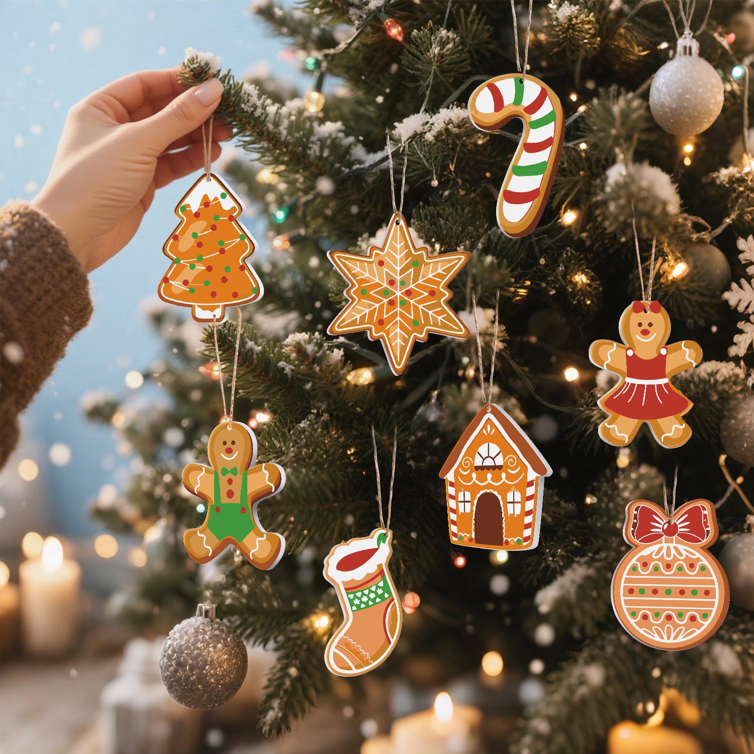 Hand decorating a Christmas tree with gingerbread-themed ornaments.