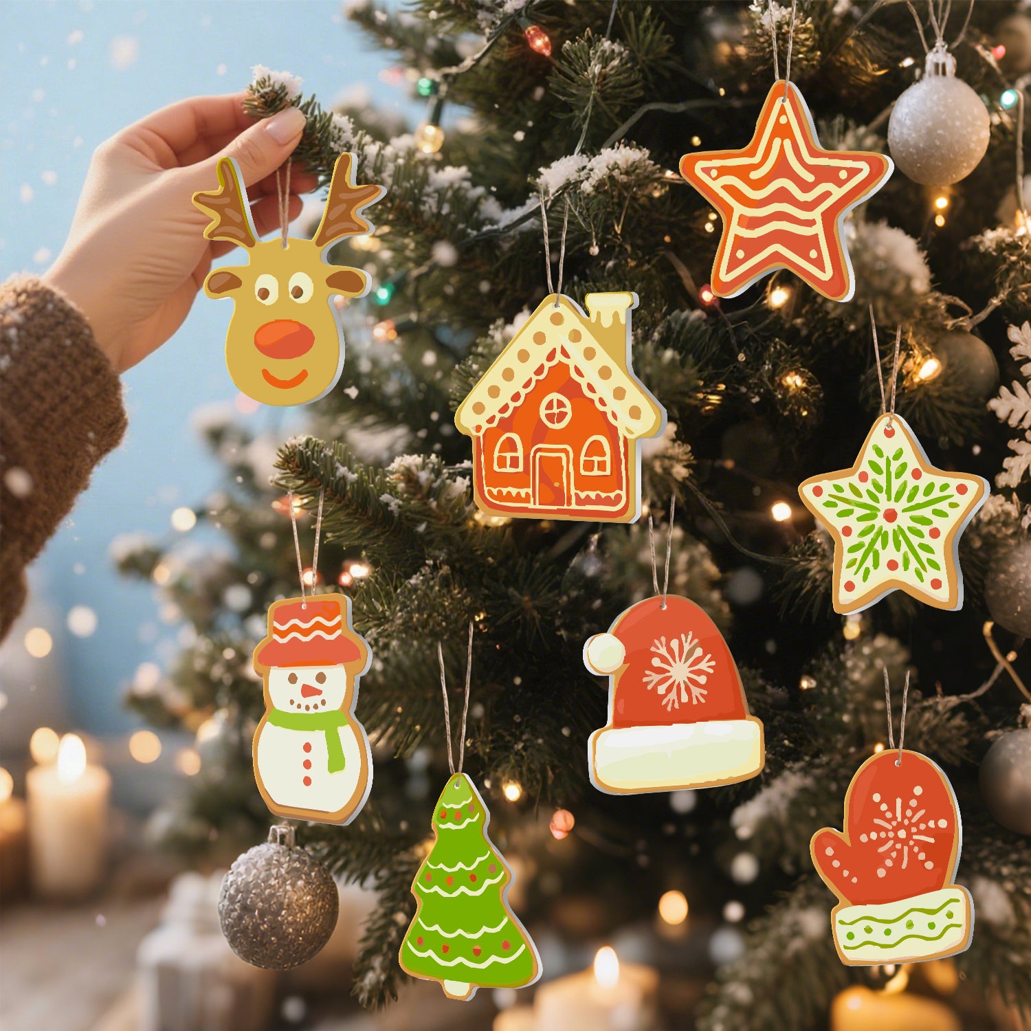 Main tenant un ornement de renne au-dessus d'un arbre de Noël décoré avec divers ornements.