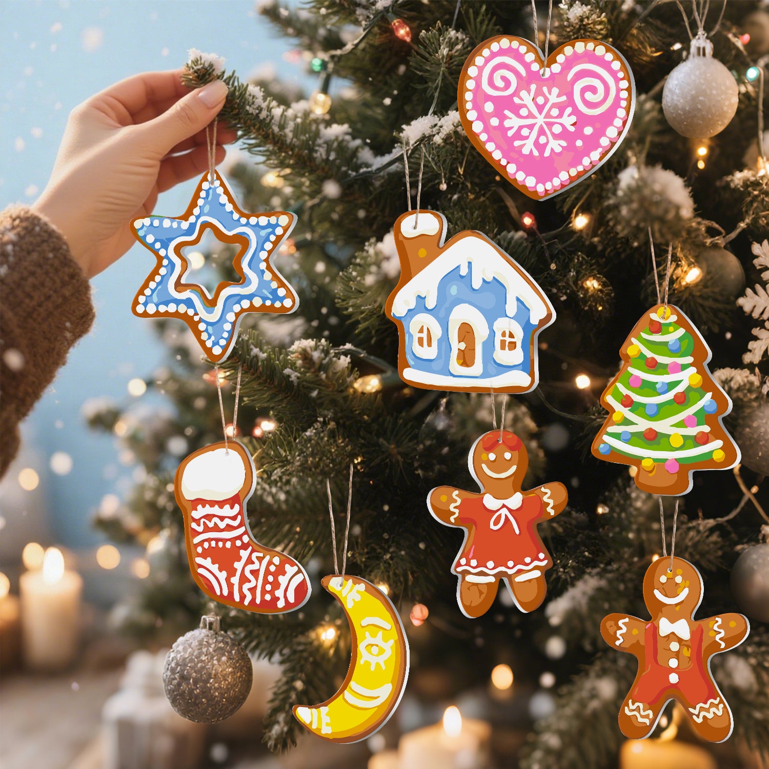 Decorative Christmas ornaments shaped like gingerbread cookies on a tree with candles in the background.