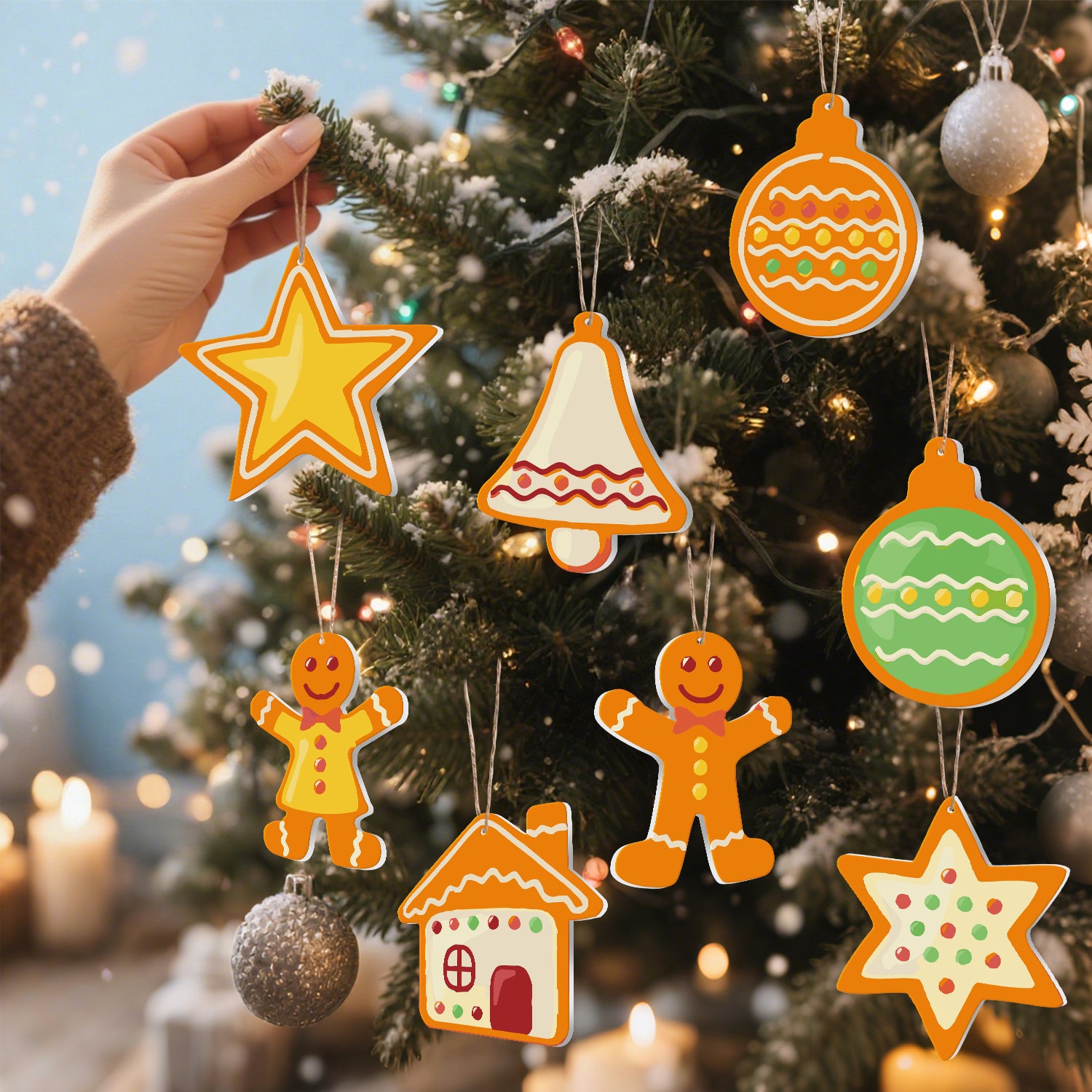 Dekorativer Weihnachtsschmuck auf einem Baum mit verschwommenem Hintergrund