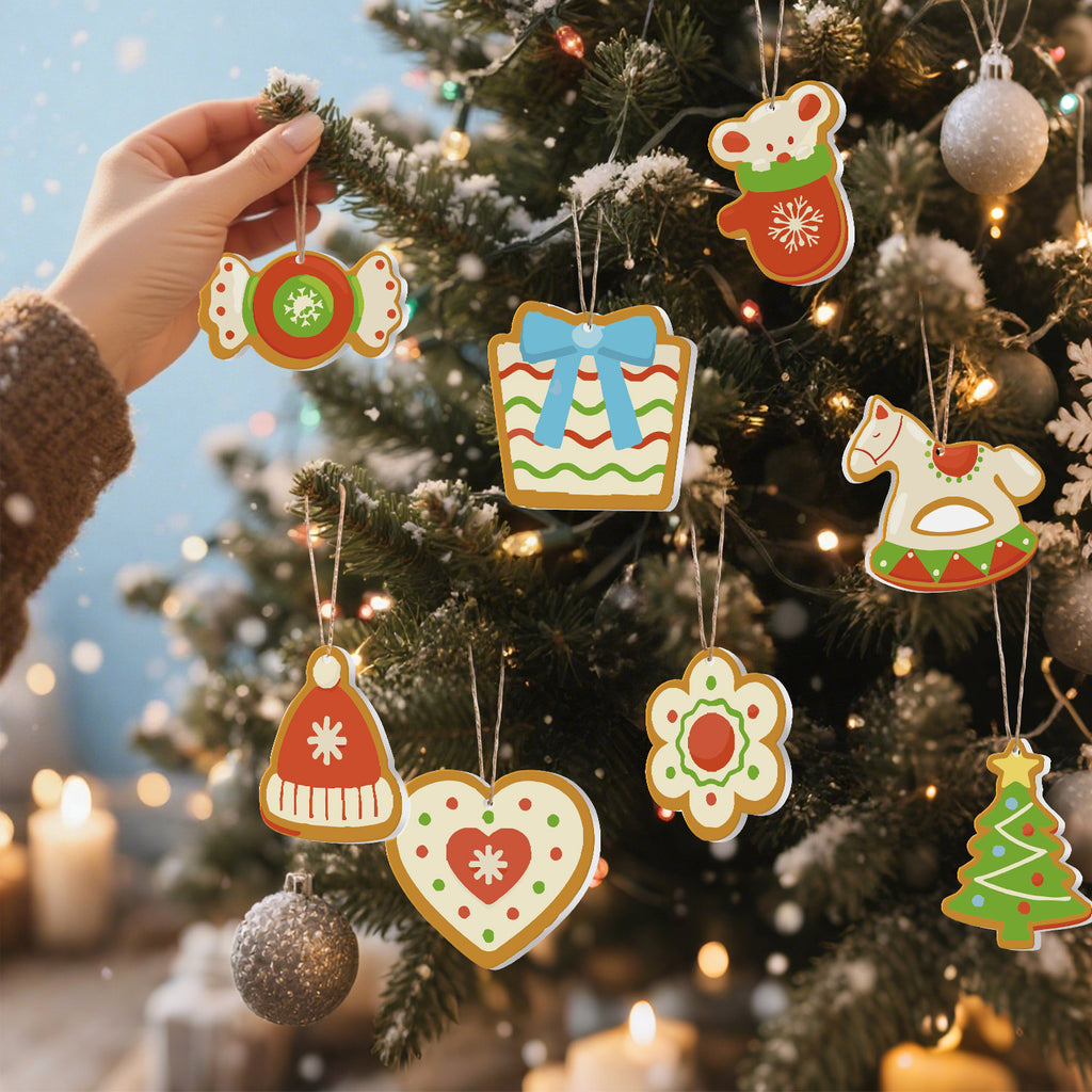 Hand decorating a Christmas tree with colorful ornaments against a festive background.
