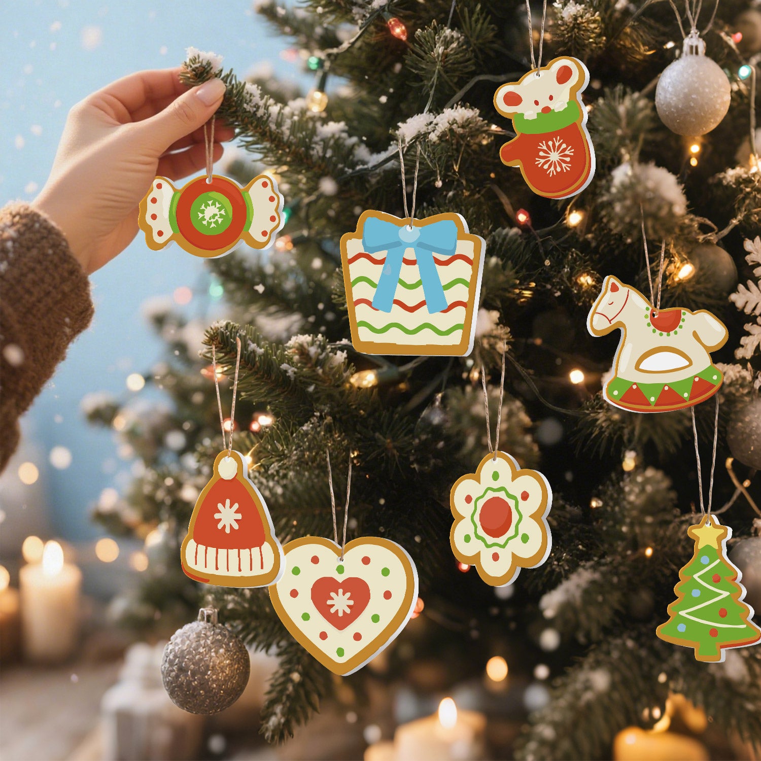 Hand decorating a Christmas tree with colorful ornaments against a festive background.