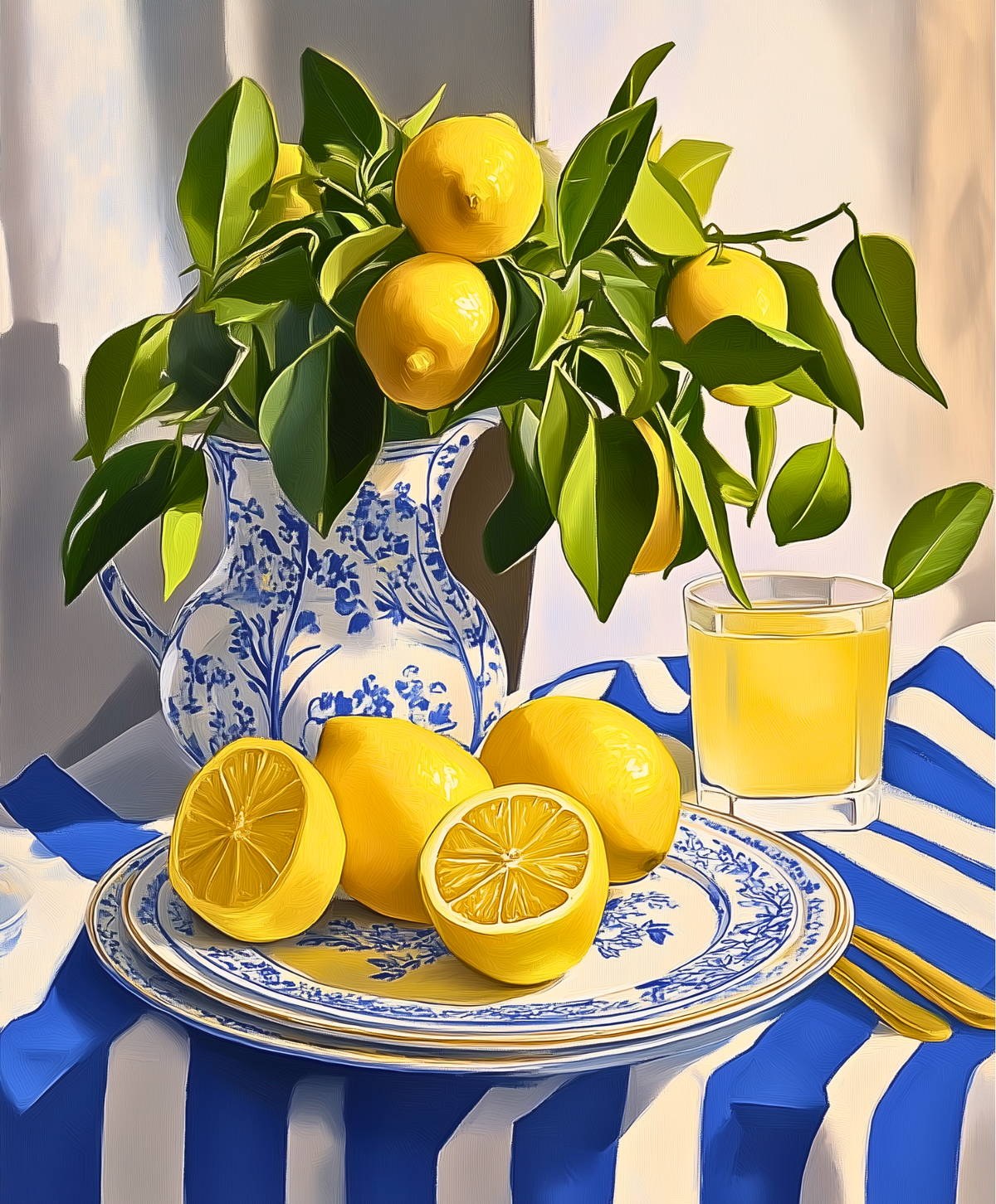 Ein Malen-nach-Zahlen-Setbild mit einer Leinwand mit einem Gemälde eines blau-weißen Porzellankrugs mit Zitronenzweigen, einem Glas Limonade und einem Teller mit Zitronen auf einem gestreiften Tischdeckenhintergrund.