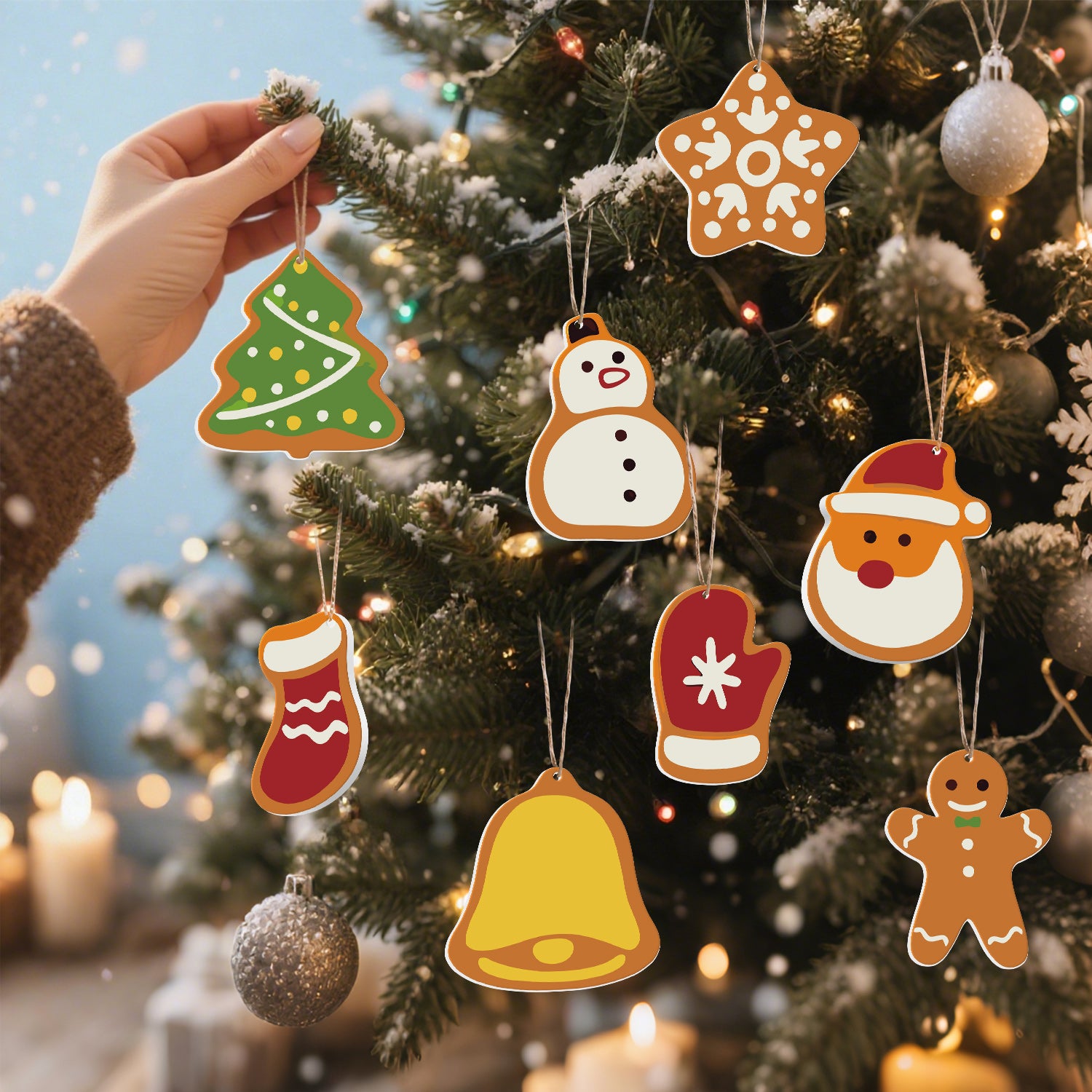Accrocher à la main une décoration de Noël sur un arbre décoré avec d'autres décorations.