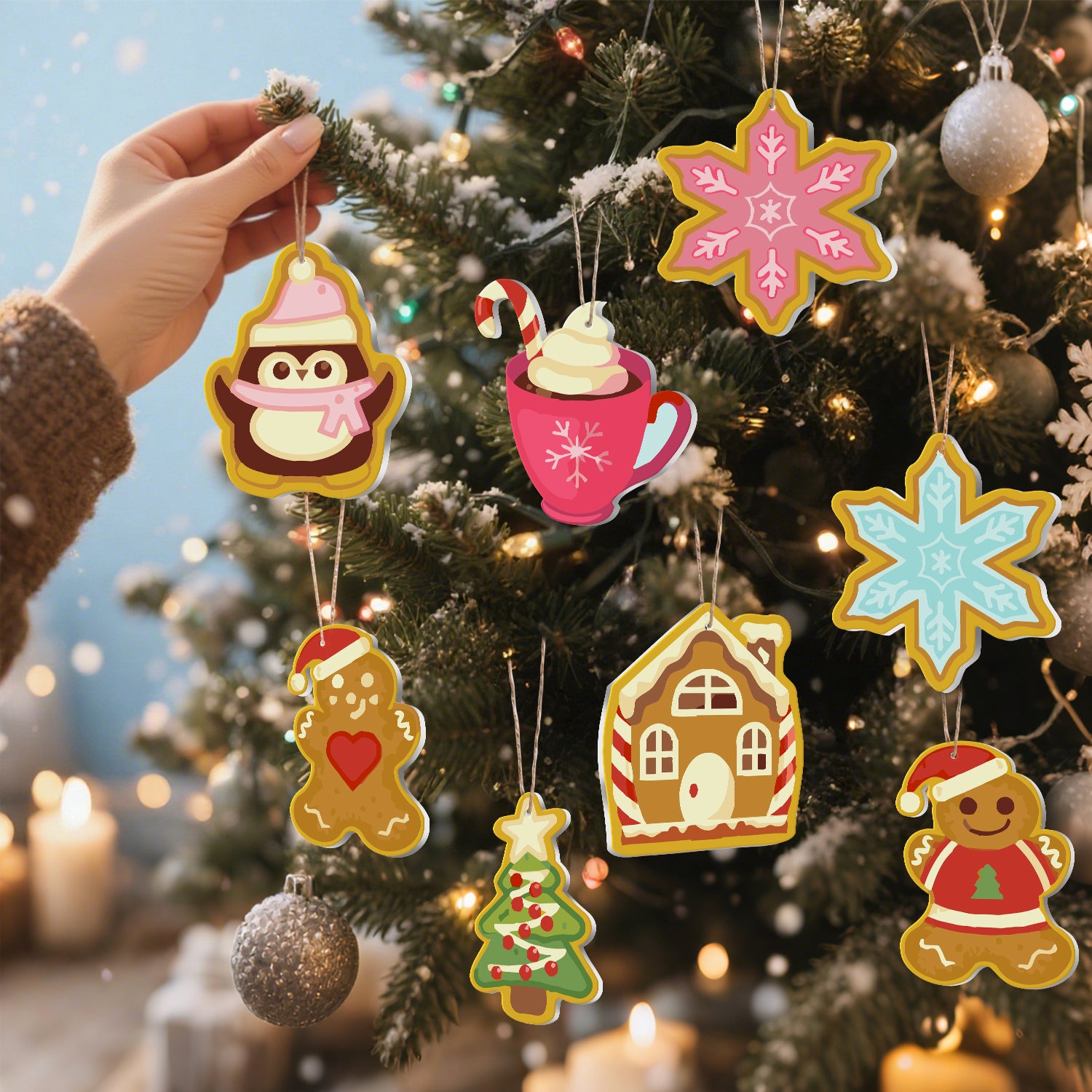 Hand decorating a Christmas tree with gingerbread-themed ornaments.