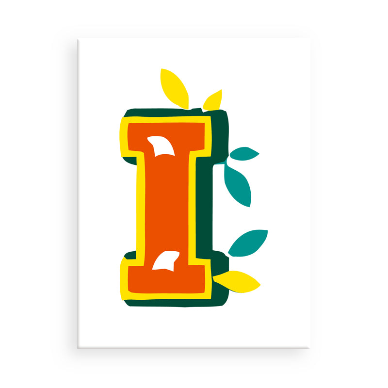 Colorful letter 'I' with leaf designs on a white background