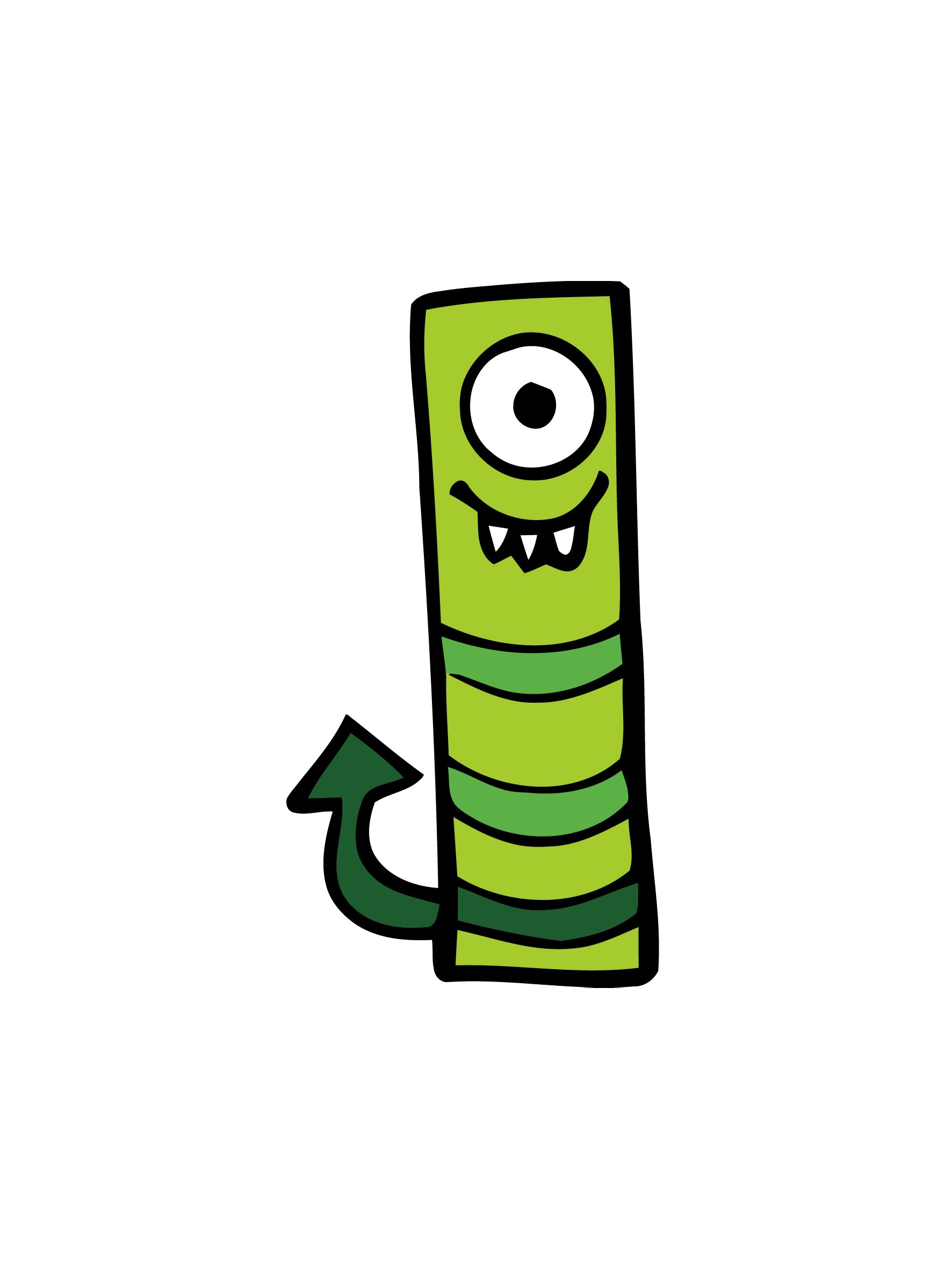 Cartoon green monster with one eye and a tail on a white background