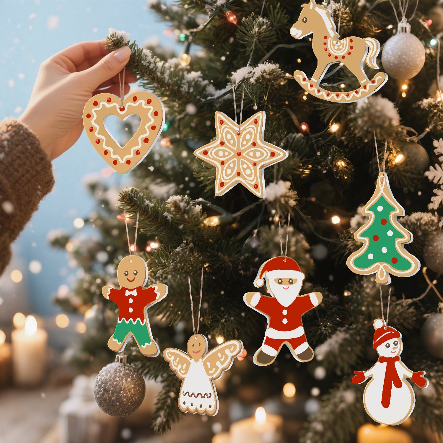 Hand hanging a heart-shaped cookie ornament on a decorated Christmas tree with other ornaments.