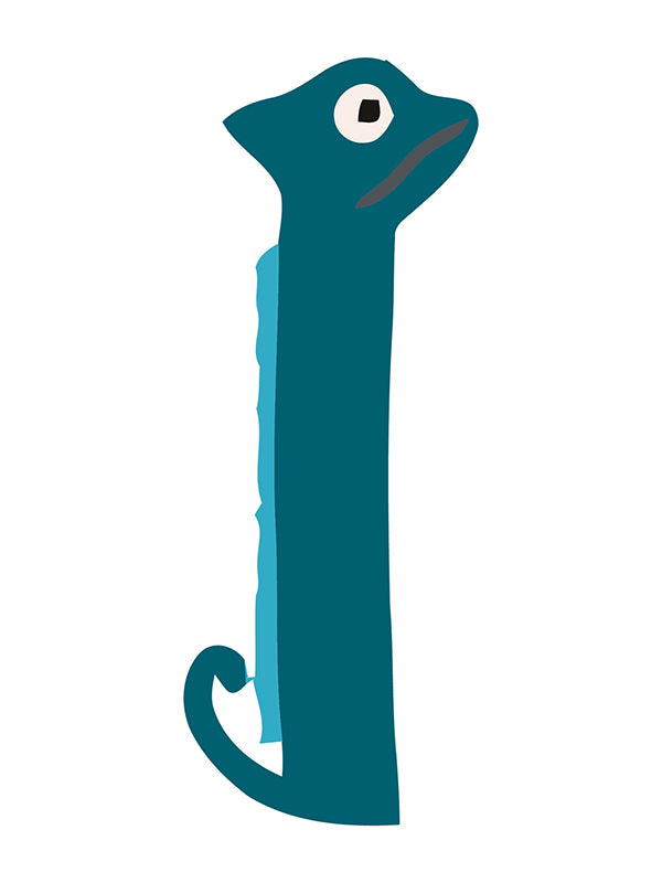 Teal and blue lizard-like character on a white background