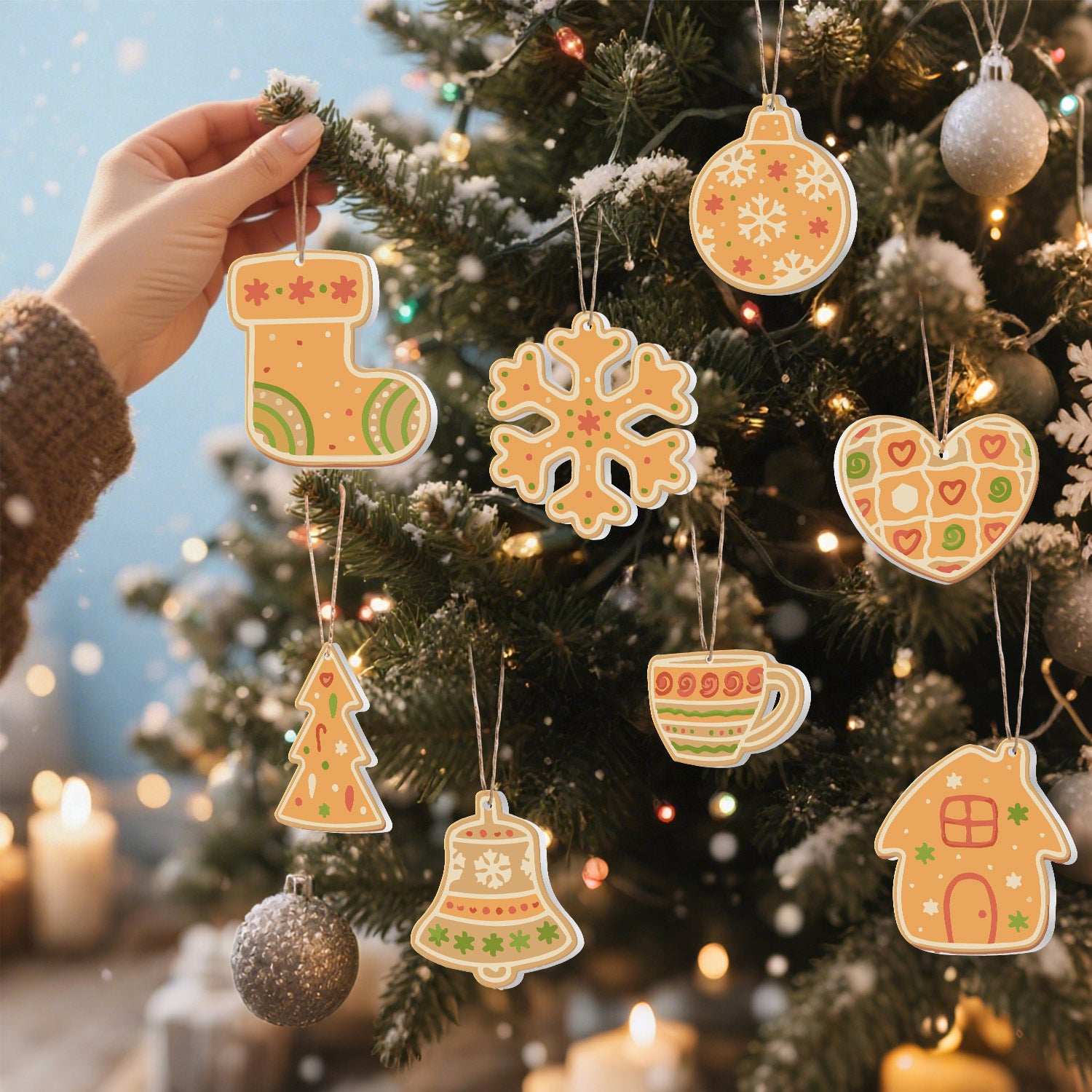 Hand hanging a gingerbread-themed ornament on a decorated Christmas tree with lights and candles.