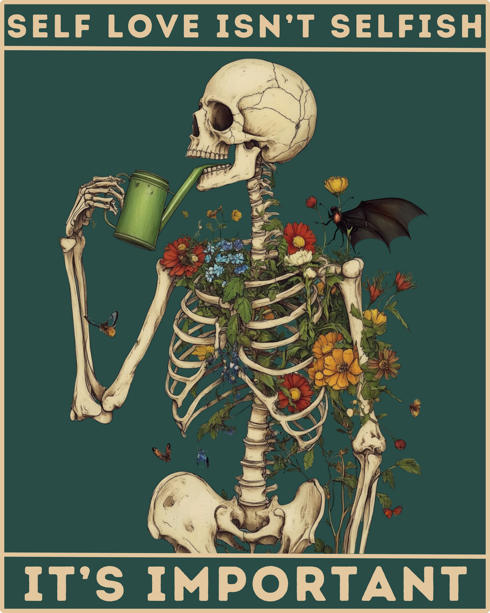 A paint-by-numbers kit image featuring a skeleton with flowers and the text 'Self Love Isn't Selfish, It's Important' on a dark background.