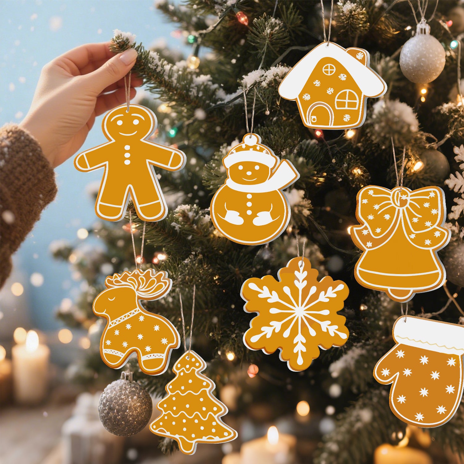 Decorative Christmas ornaments on a tree with a blurred background
