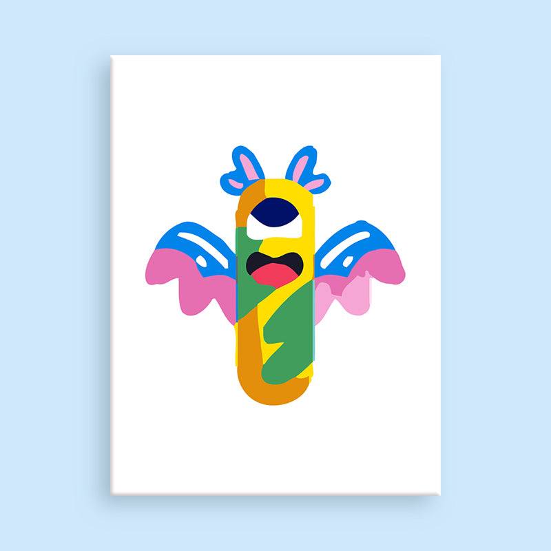 Colorful abstract character on a white background with a light blue border