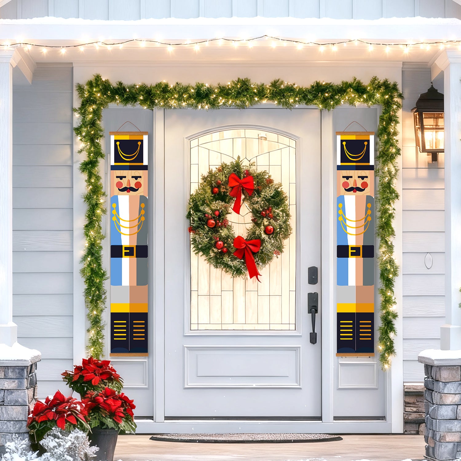 Decorative Christmas wreath with nutcrackers on a door