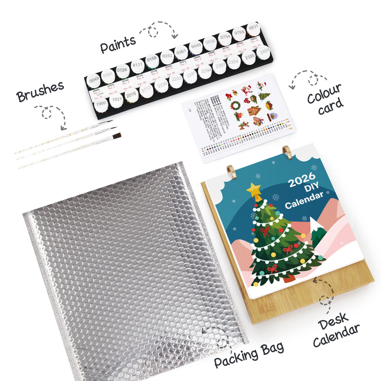 DIY calendar kit with paints, brushes, color card, and packing bag on a white background