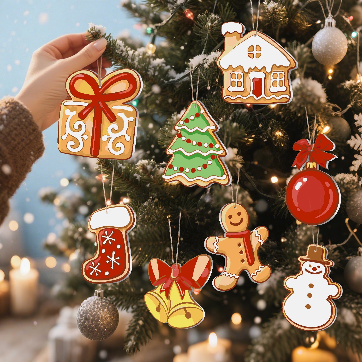 Decorative Christmas ornaments shaped like gingerbread cookies on a Christmas tree.