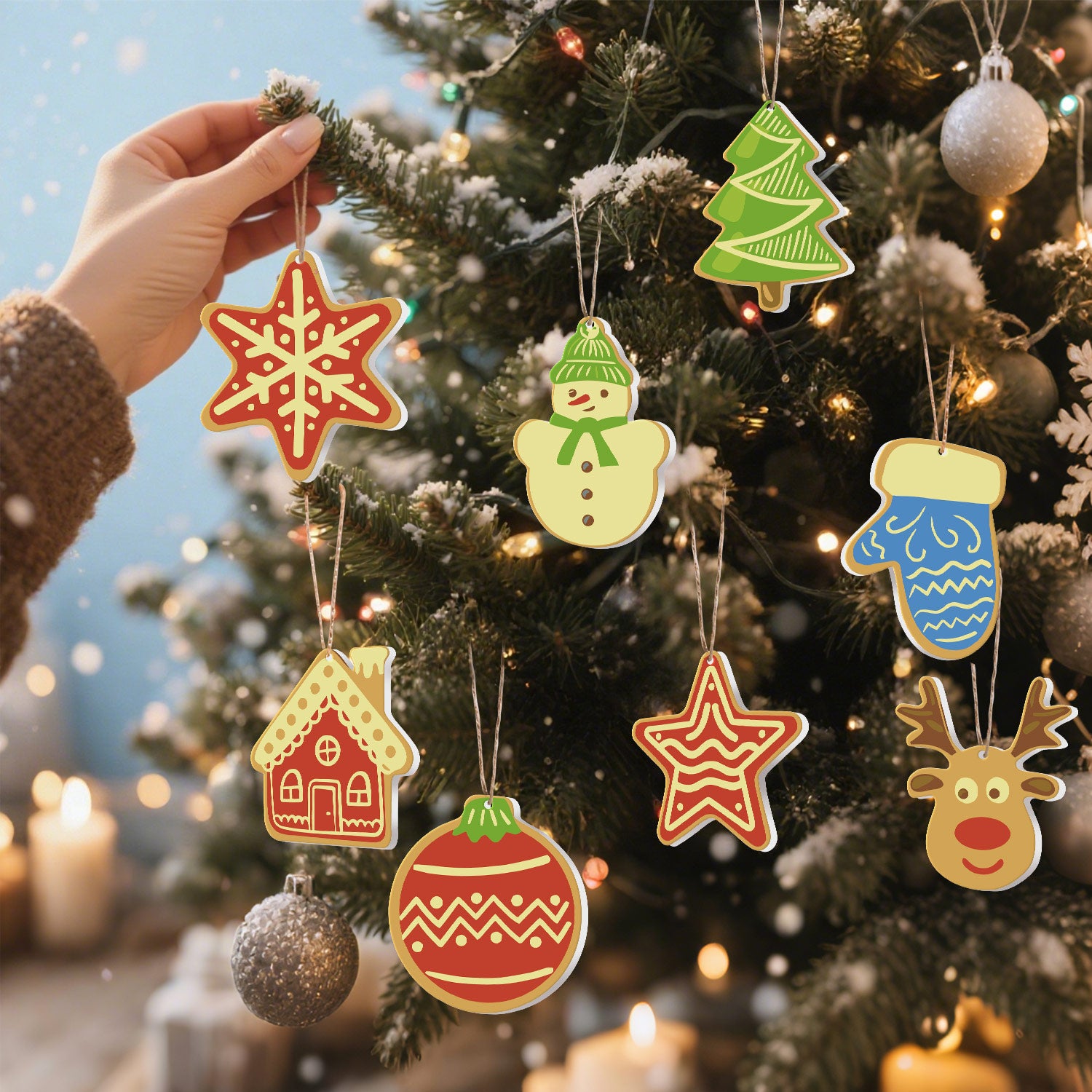 Decorative Christmas ornaments being hung on a tree with a blurred festive background.