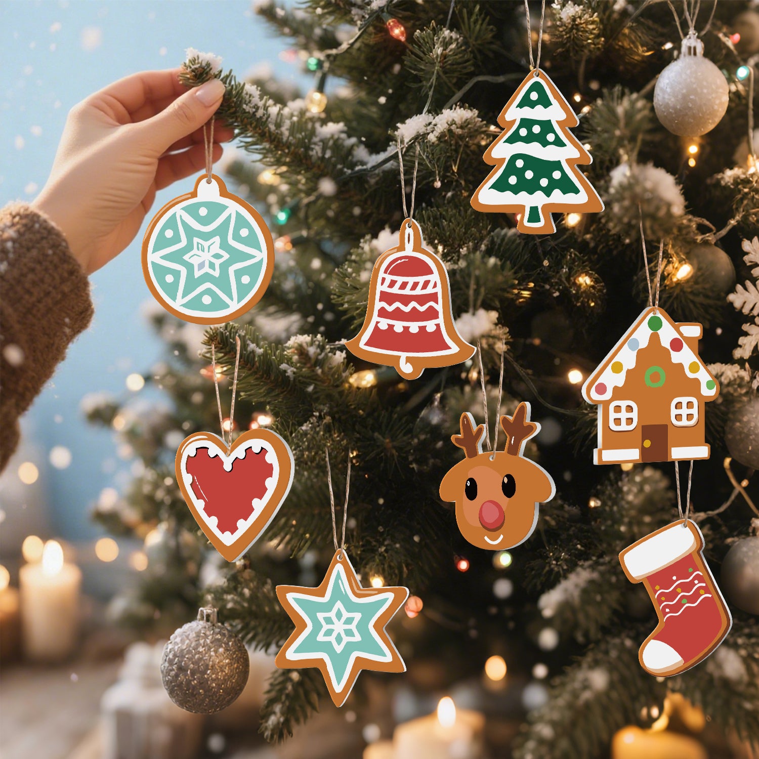 Hand decorating a Christmas tree with gingerbread-themed ornaments.