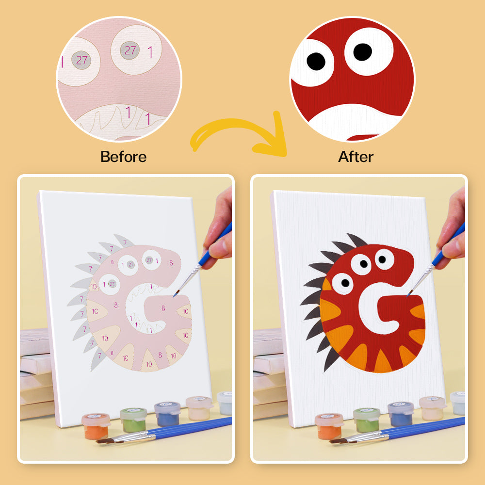 Before and after comparison of painting a letter 'G' with additional details on a canvas.