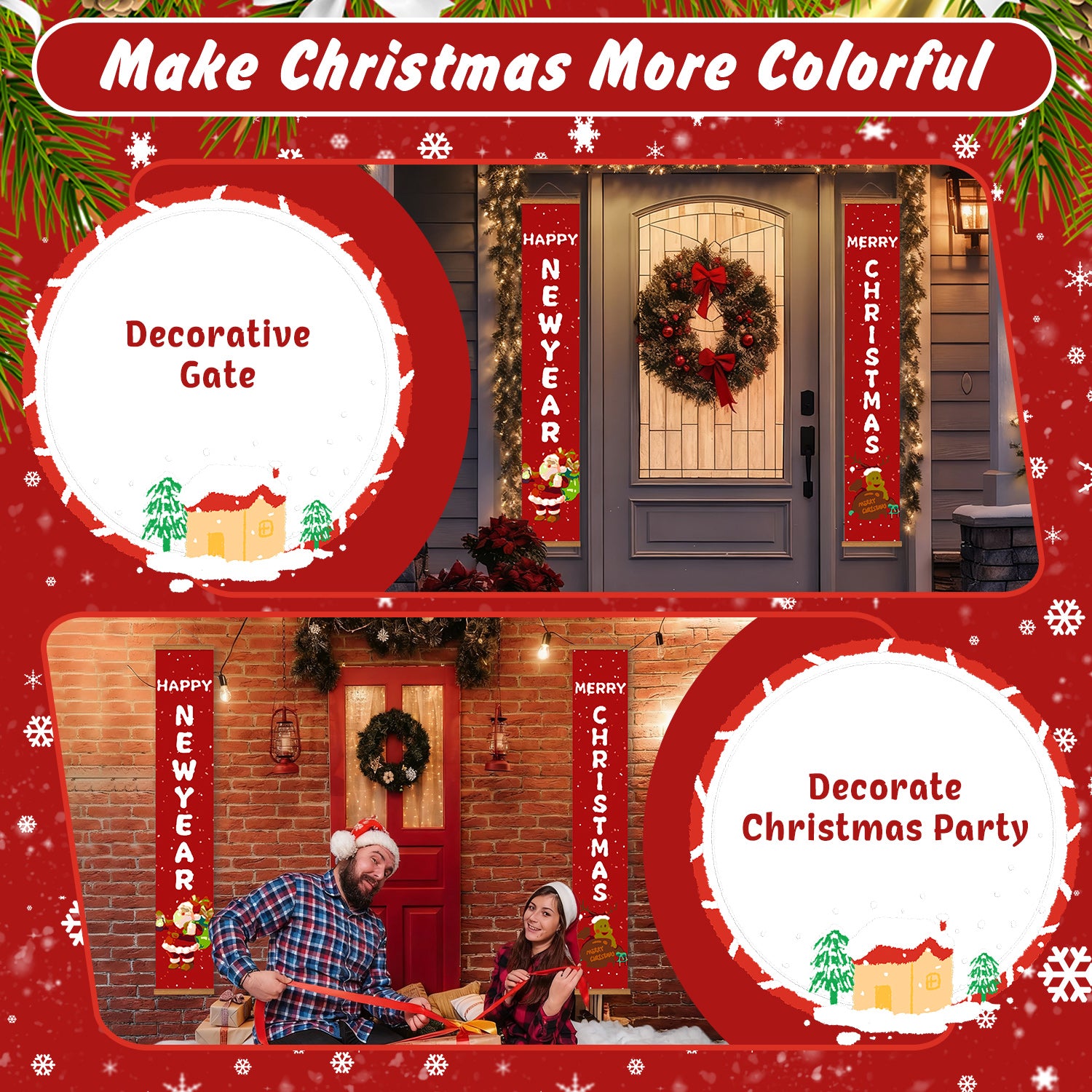 Decorative Christmas gate with festive decorations and people celebrating.