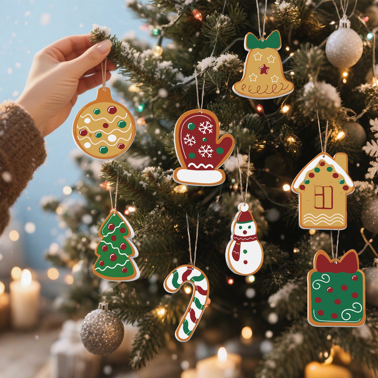 Hand decorating a Christmas tree with gingerbread-themed ornaments.