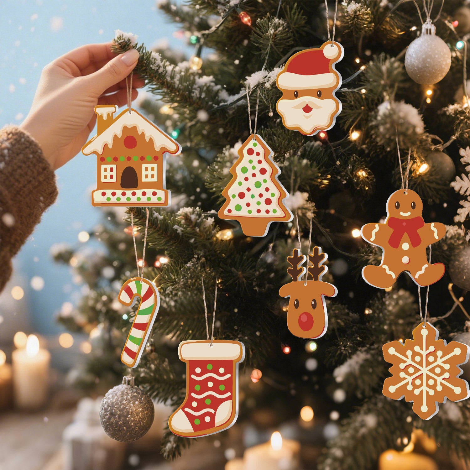 Main tenant un ornement de maison en pain d'épice avec un arbre de Noël décoré en arrière-plan