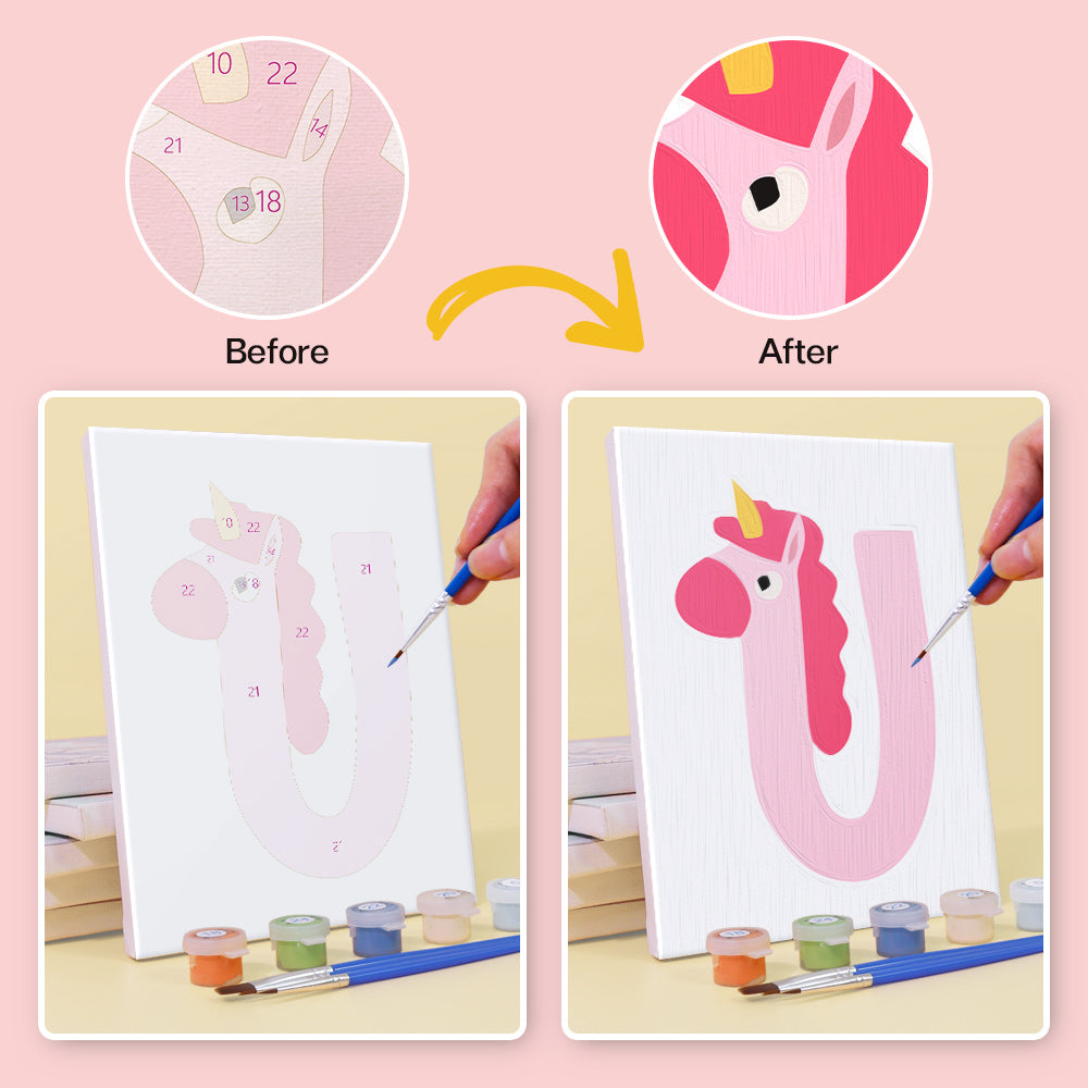 Before and after transformation of a letter 'U' with a pink unicorn design on a pink background.