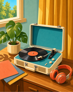 Un tocadiscos de maleta turquesa con un disco de vinilo, auriculares naranjas y una planta de interior.