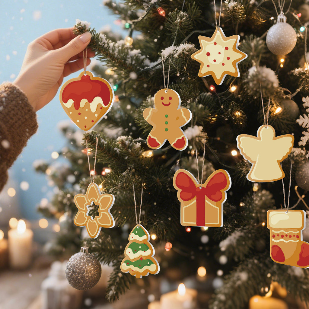 Hand placing a gingerbread man ornament on a decorated Christmas tree with other ornaments.