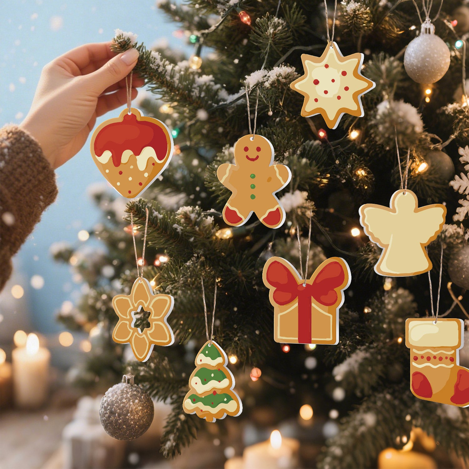 Hand placing a gingerbread man ornament on a decorated Christmas tree with other ornaments.