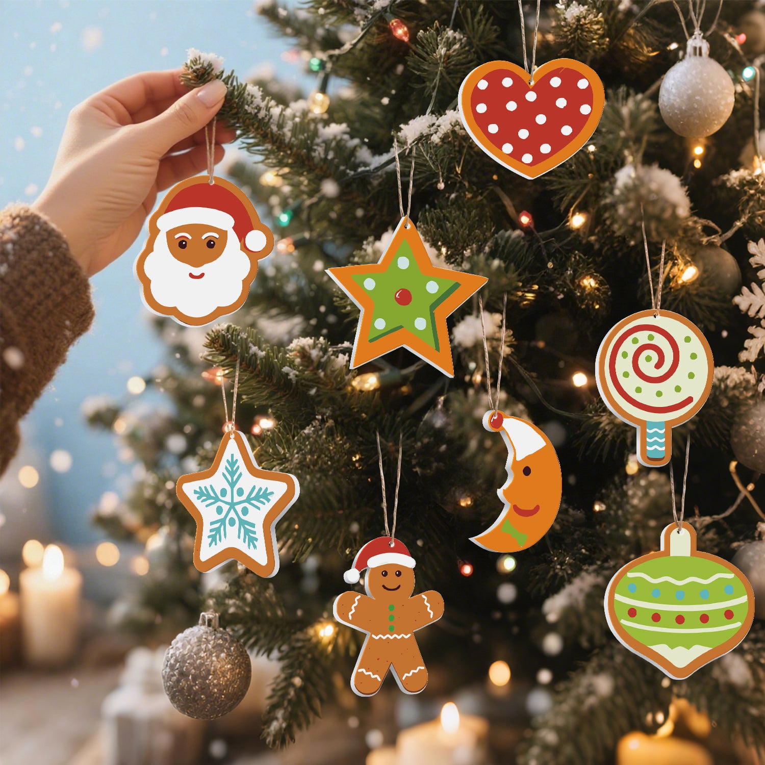 Hand decorating a Christmas tree with gingerbread-themed ornaments.