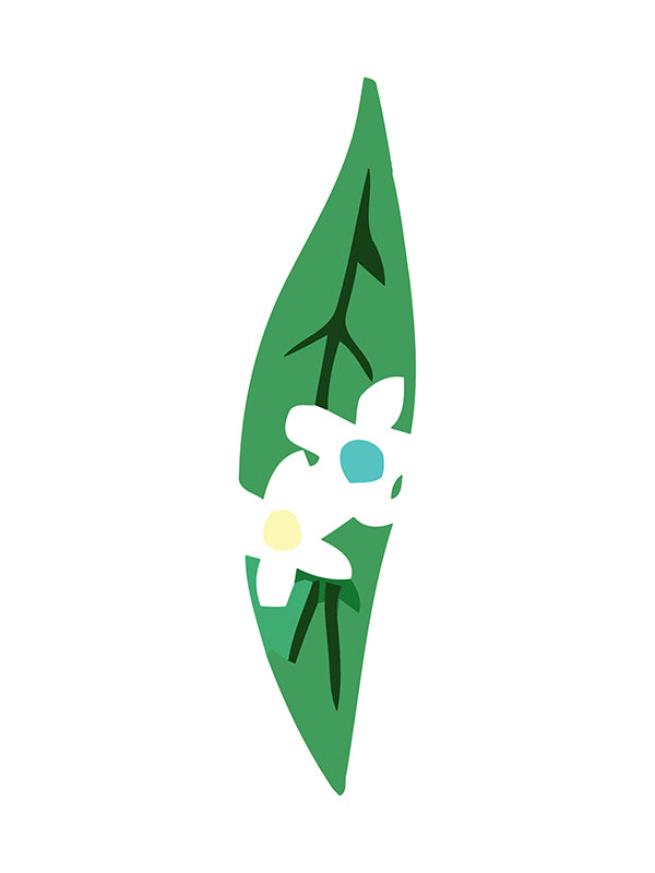 Green leaf with a white flower and blue center on a white background
