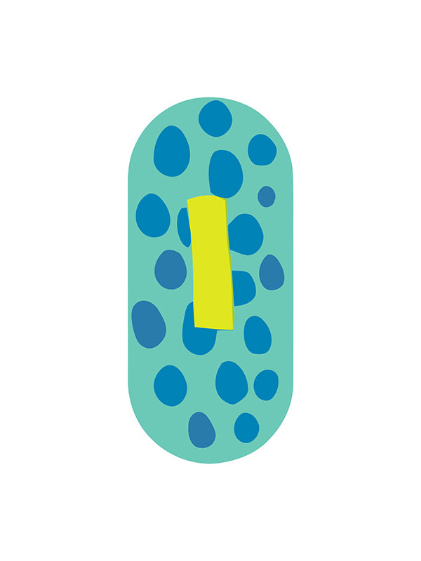 Blue polka dot object with a yellow center on a white background
