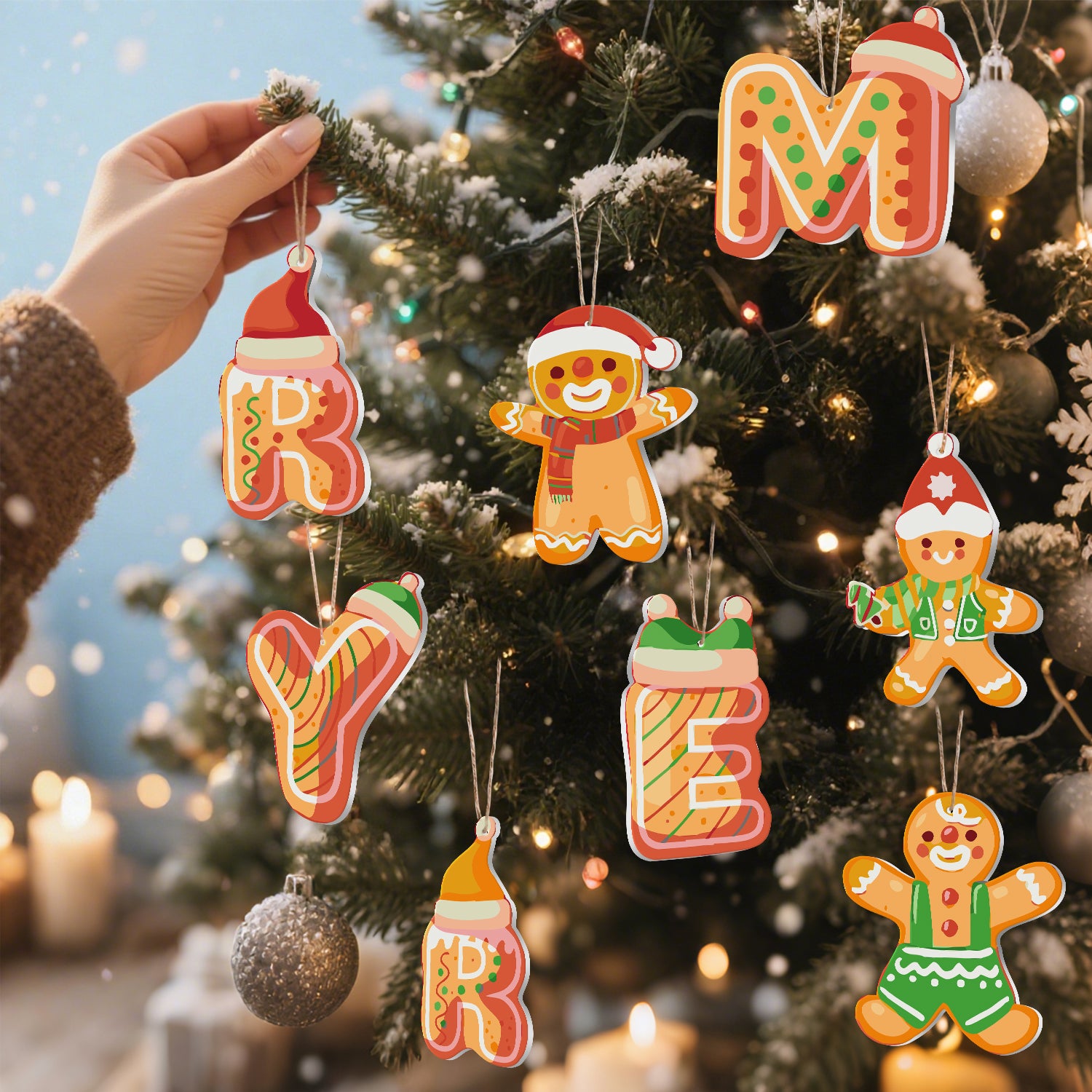Decorative Christmas ornaments spelling 'Merry' on a tree with lights and candles.
