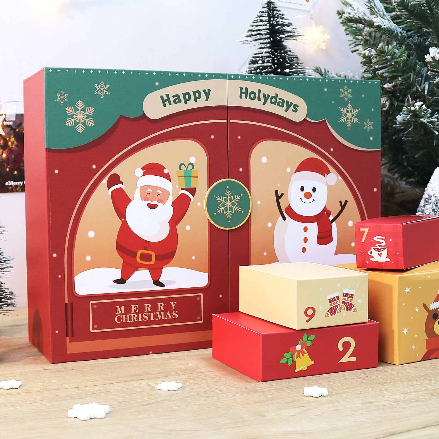Advent calendar with Santa Claus and snowman design, surrounded by Christmas trees and presents.