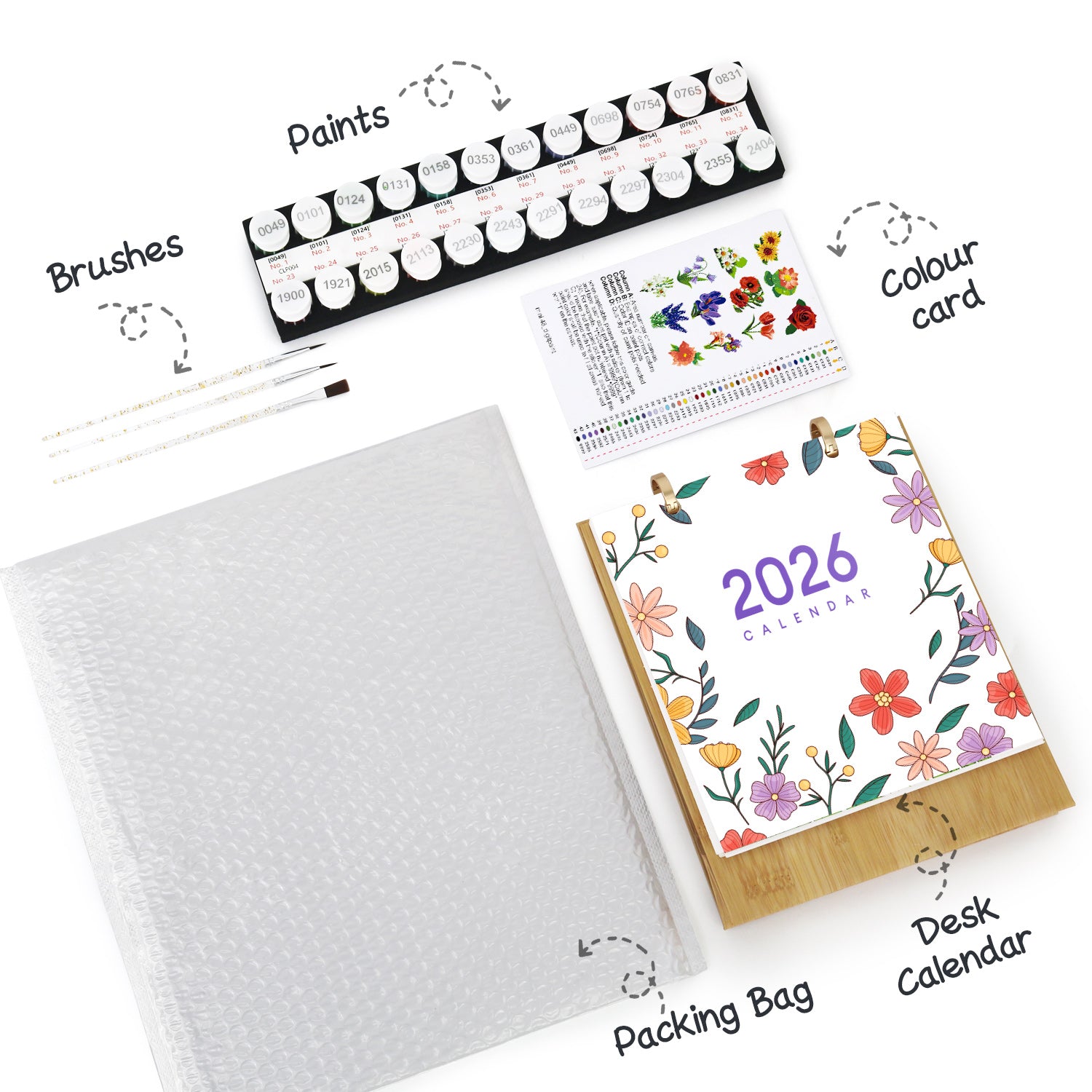 2026 calendar with art supplies including paints, brushes, and a color card on a white background.