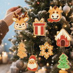 Decorative Christmas ornaments shaped like gingerbread cookies on a Christmas tree.