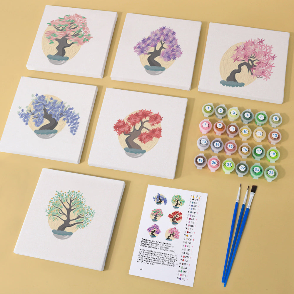 Color palette and brushes for Eternal Bonsai mini paint by numbers kit