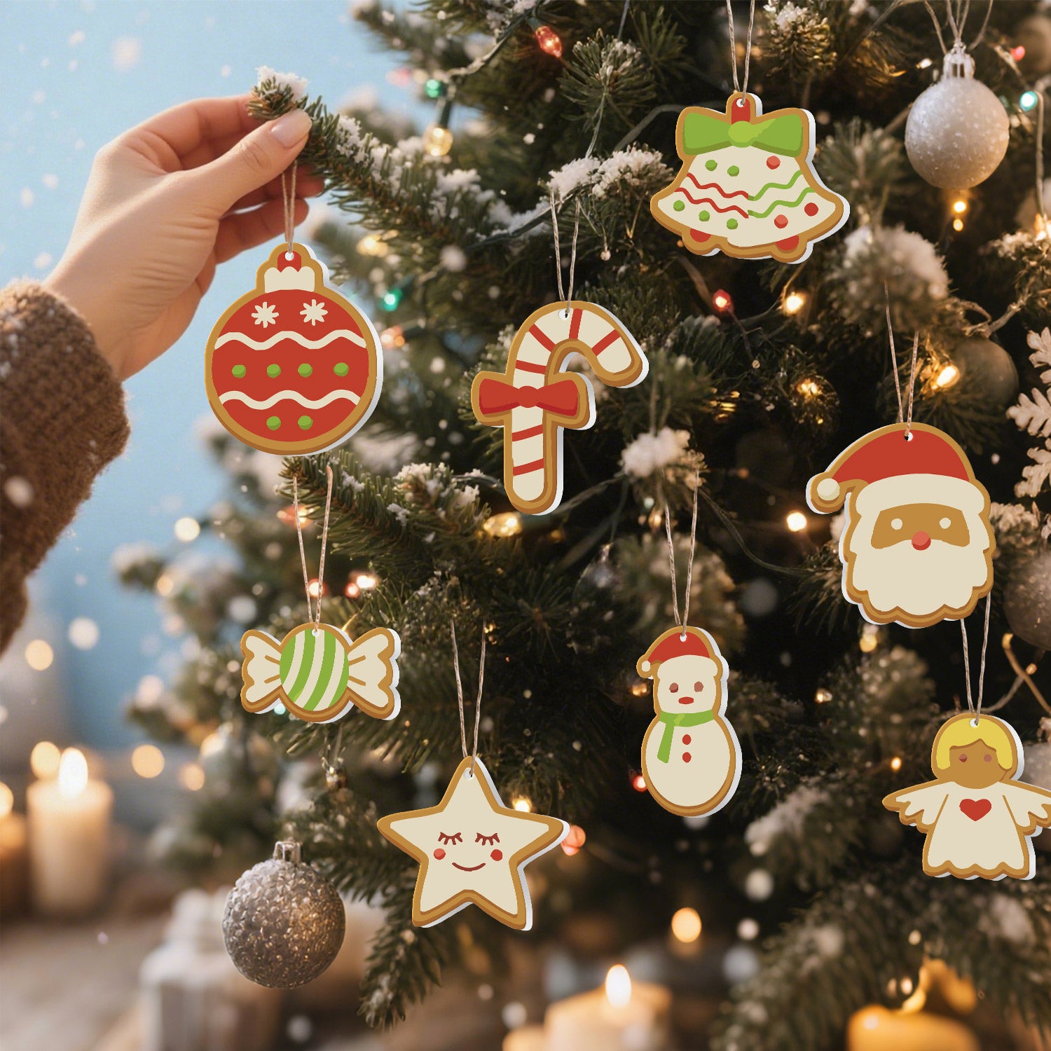 Hand placing a gingerbread man ornament on a decorated Christmas tree with other ornaments.